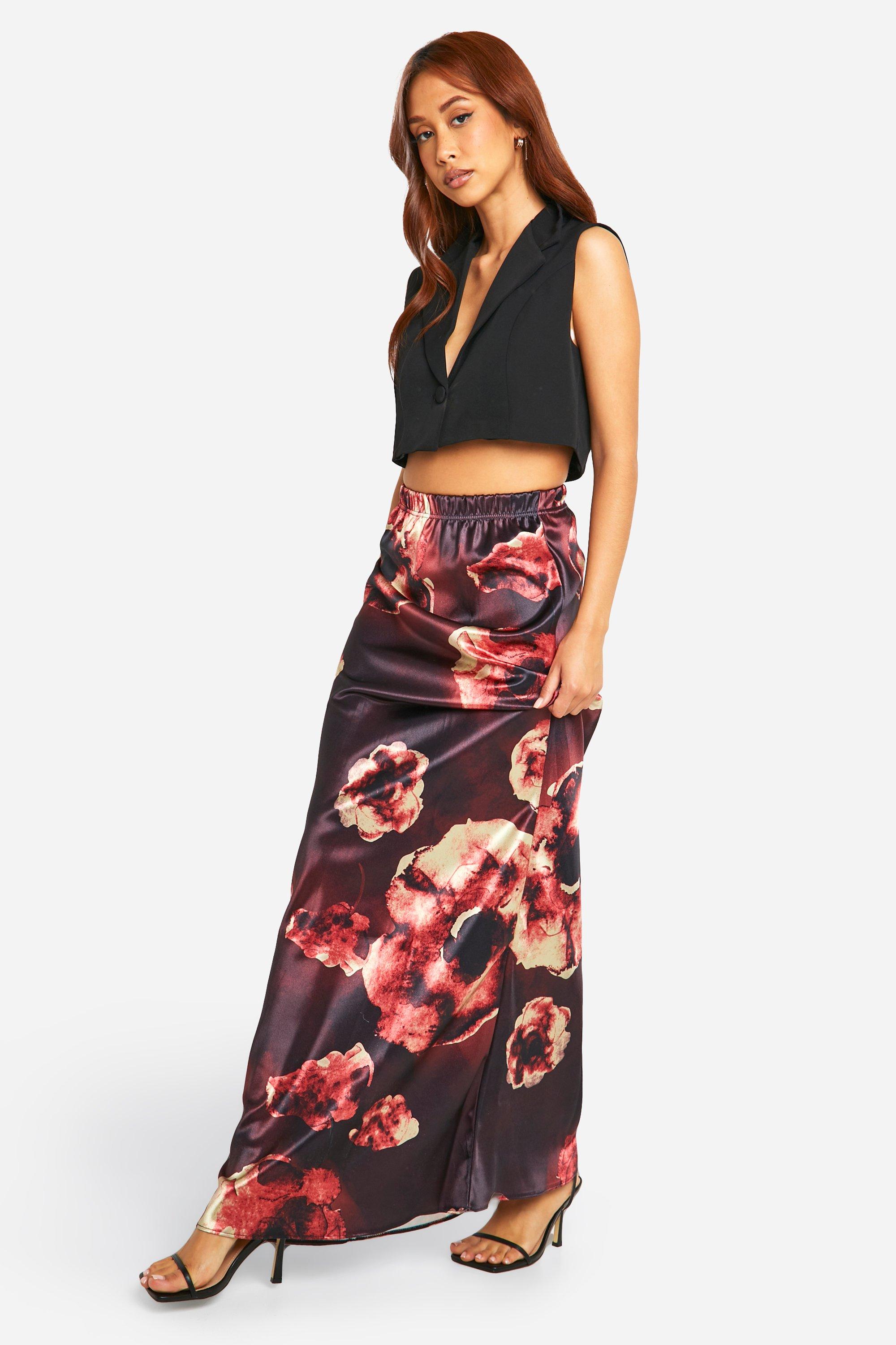 Blurred Floral Print Satin Bias Maxi Skirt
